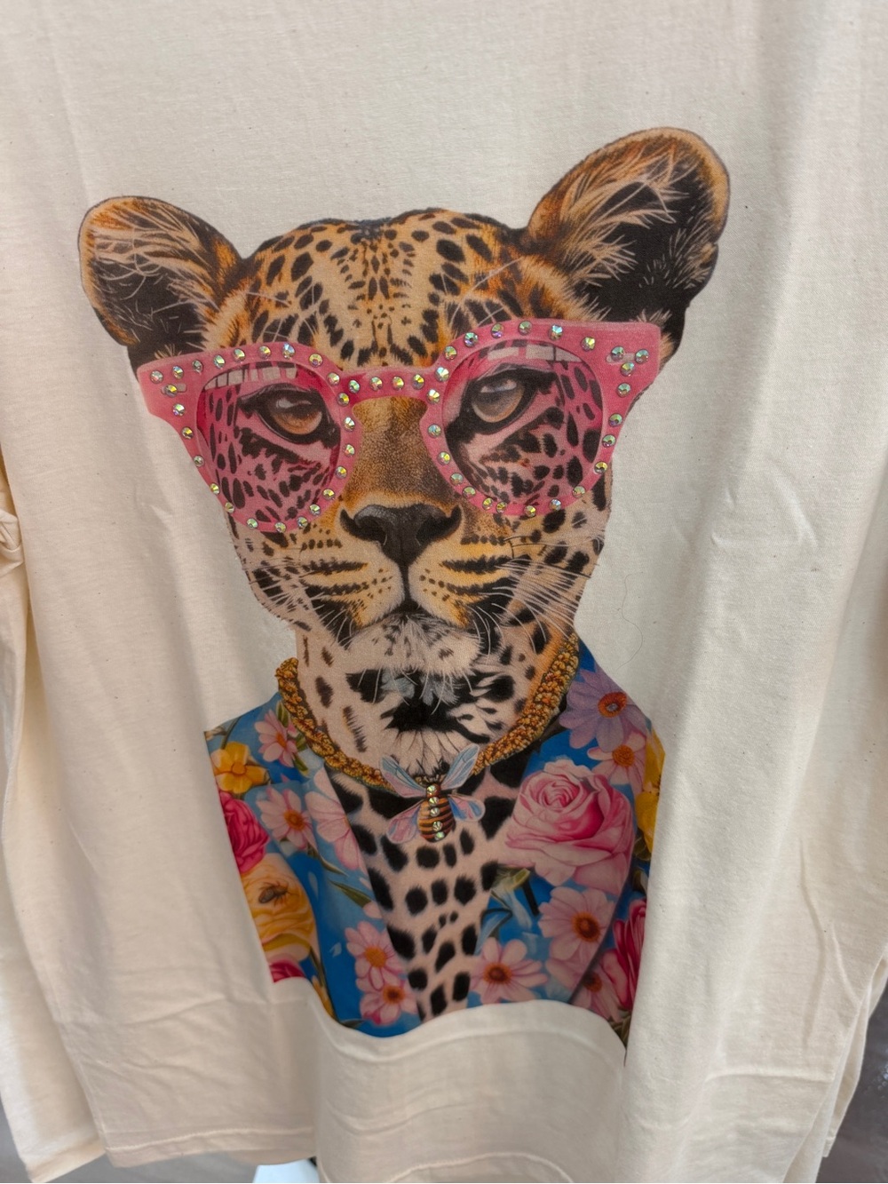 Gildan Cream Graphic Tee with Pink Sunglasses Leopard